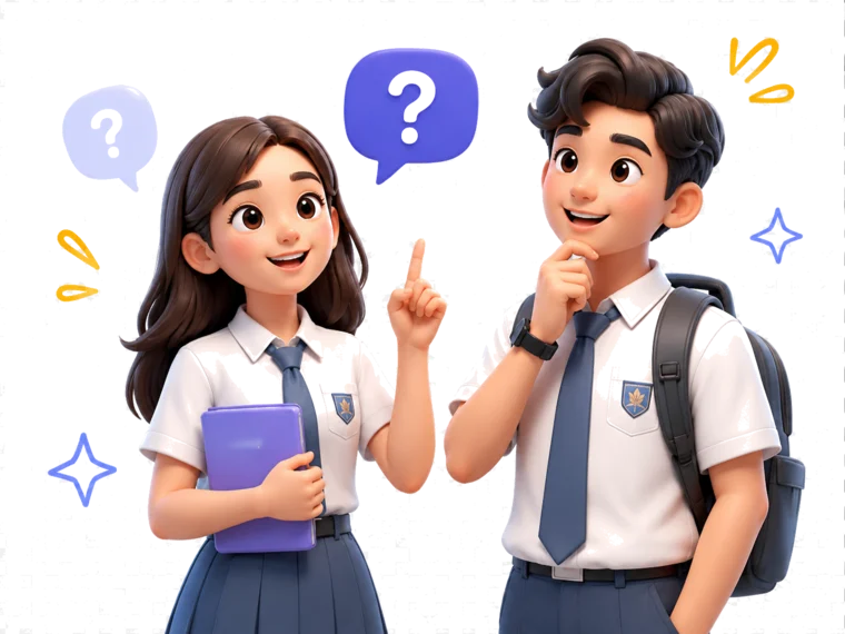Dua siswa sedang berdiskusi tentang pertanyaan kompetisi